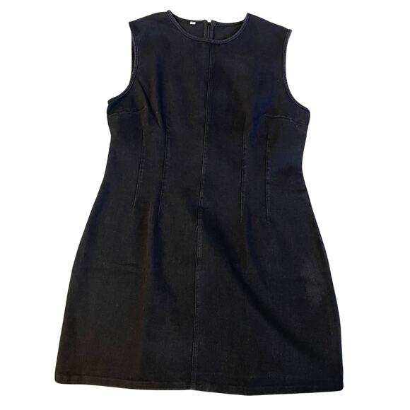 Classic Minimalist Black Denim High Neckline Bodycon Sleeveless Mini Dress Small - Picture 1 of 11